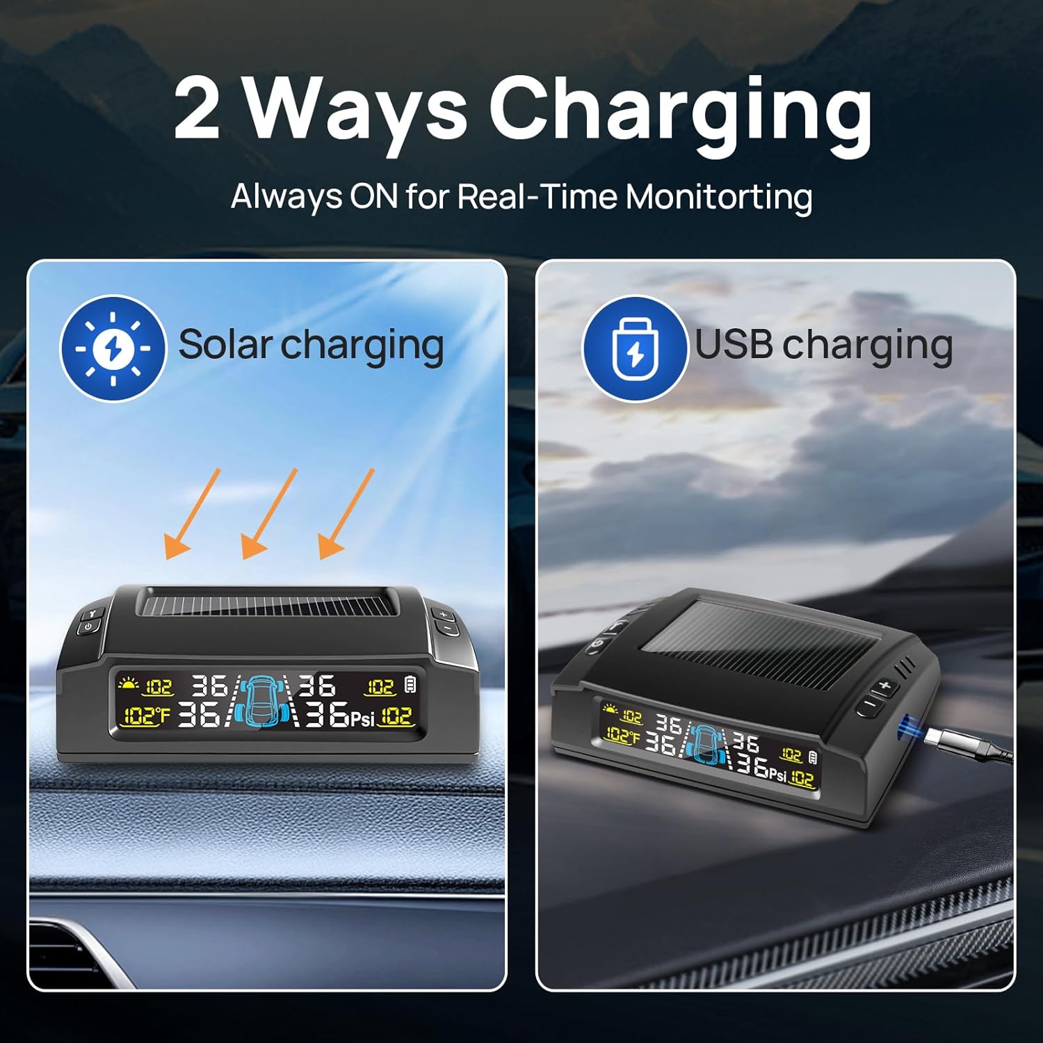 Masoll M23 TPMS monitor showing two charging methods: solar charging via its top panel and USB charging via its side port.