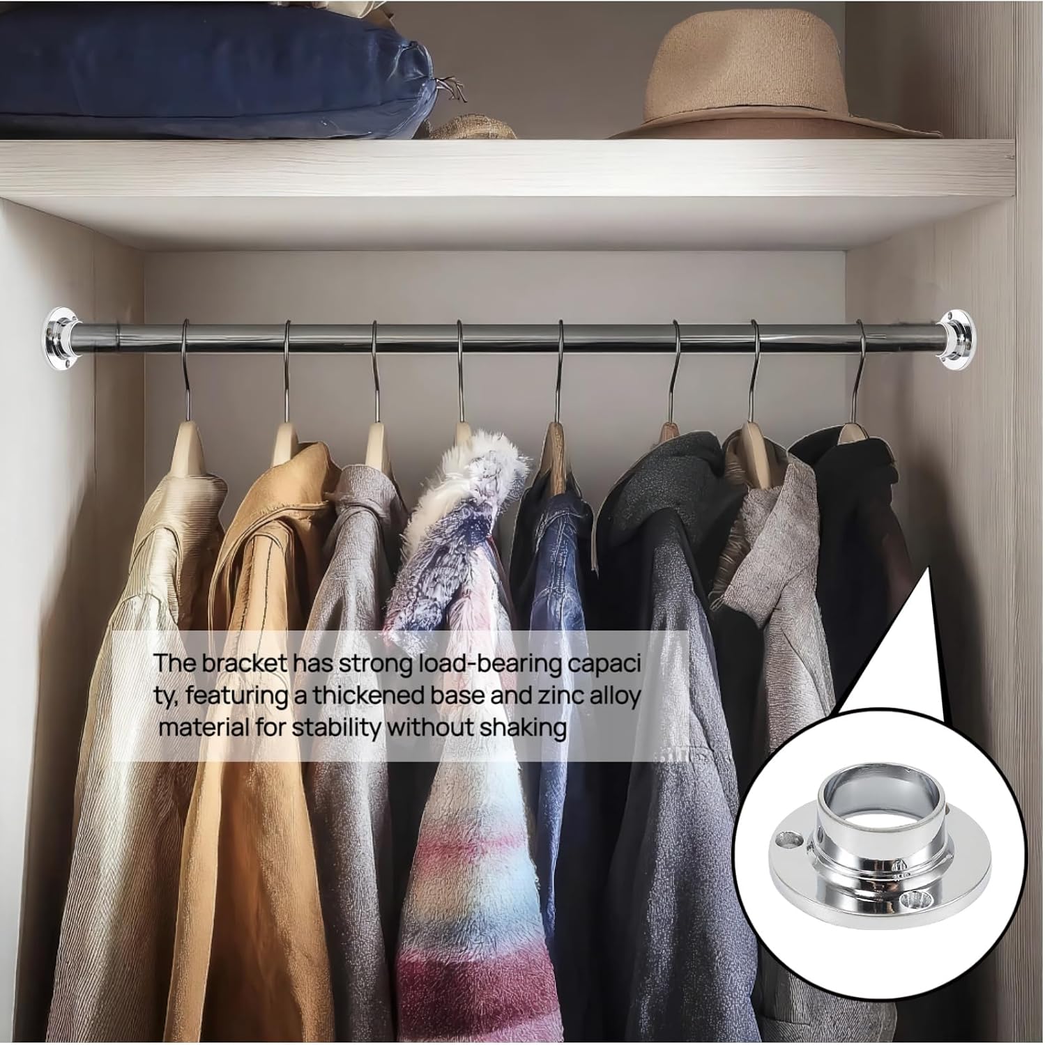 Stainless Steel Closet Rod Support - 3 Styles of Fixed Seat Flange - 1 Inch Diameter - Heavy-Duty Bracket - End Support Piece for Closet Rods with Screws (Round Base)