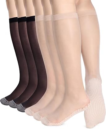 6 Pairs Women Transparent Knee High Socks Cotton Sole