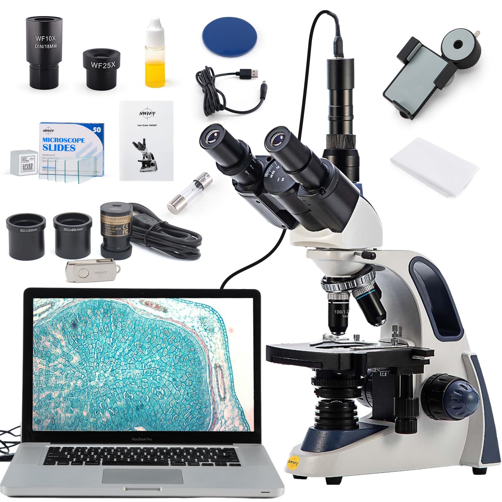 SWIFT Microscopio composto trinoculare SW380T, 40X-2500X, con fotocamera da 5 MP e diapositive, testa Siedentopf, grado di ricerca, stadio meccanico a due strati