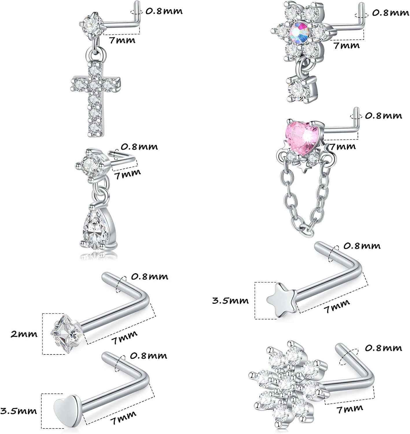 AceFun 8pcs Gold Silver L-Shaped Corkscrew Nose Rings Studs Set for Women 20G Surgical Steel Dangle Nose Ring Star Nostril Nose Piercing Jewelry Hypoallergenic CZ Heart Butterfly Bow Flower Bee Nose Studs - Image 4