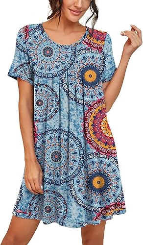 Miniatura 4 de PrinStory - Camisón de manga corta para mujer con plisado y cuello redondo