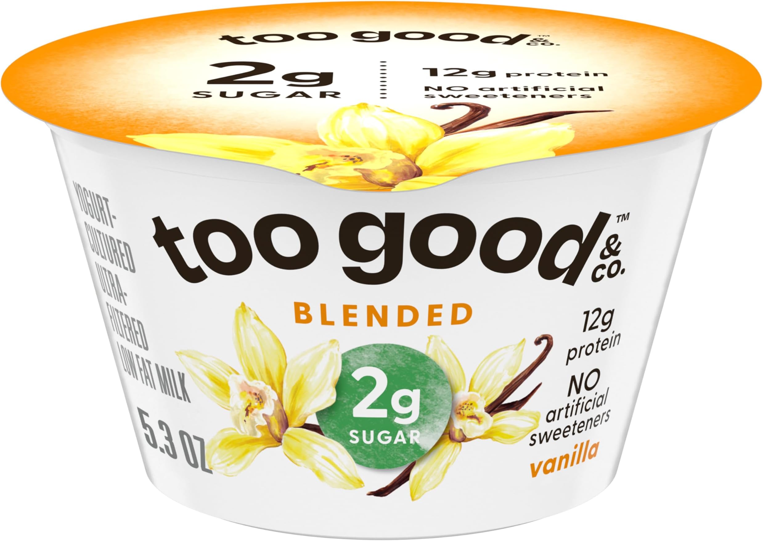 Too Good & Co. Vanilla Yogurt-Cultured Ultra-Filtered Low Fat Milk Product, Creamy and Delicious Low Fat Yogurt Product Snack Cup, Good Source of Protein, 5.3 OZ Cup