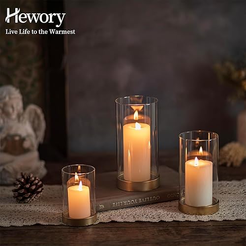 Miniatura 6 de Hewory Portavelas de huracán para velas de pilar Juego de 6 portavelas votivas doradas, diseño de huracán de cristal con placa de vela de metal,