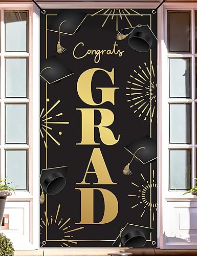 Cartel de graduación  Cartel de felicitación de graduación de 6 x 3 pies para la clase de 2024  Decoraciones de porche negro y dorado, pancartas y
