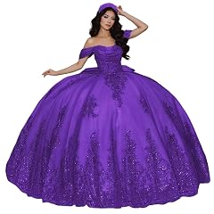 TRHTX Beaded Quinceanera Dresses with Glitter Appliques Off Shoulder Ball Gown Puffy Tulle 15 Dresses