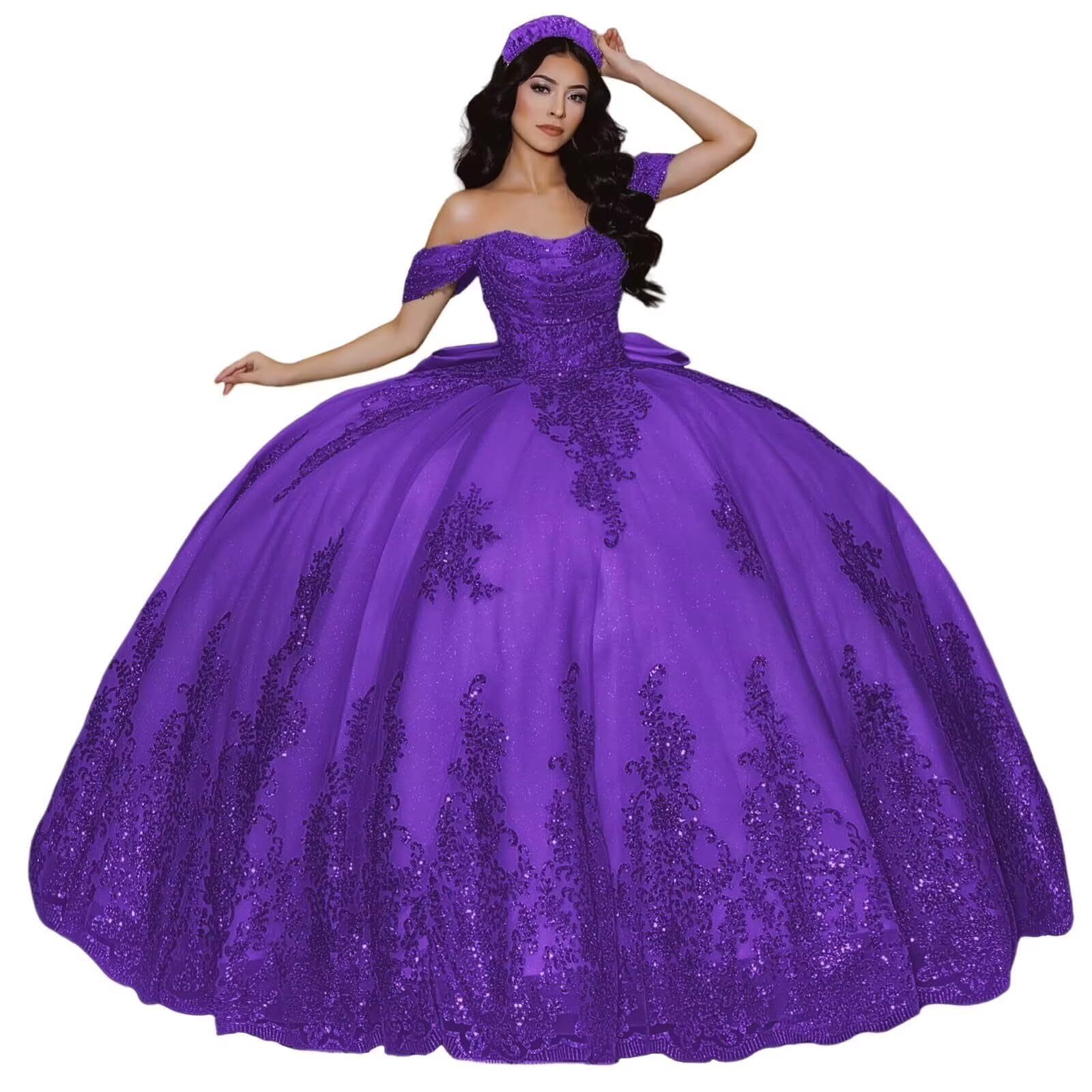 TRHTX Beaded Quinceanera Dresses with Glitter Appliques Off Shoulder Ball Gown Puffy Tulle 15 Dresses