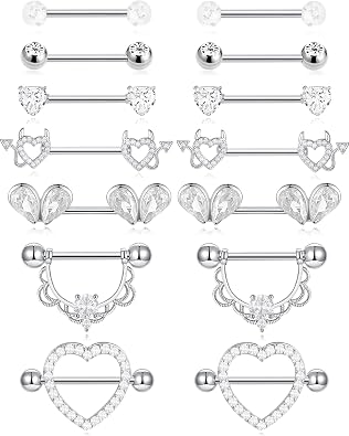 7 Pairs Nipple Rings for Women 14G Stainless Steel Pink CZ Heart Devil Acrylic Ball Straight Barbell Nipple Bars Tongue Rings Set Cute Nipplerings Piercing Jewelry Sliver Tone