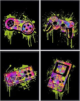 Gaming Wall Decor - Remote Control Graffiti Art - Game Room Poster Set - Gift for Gamers, Xbox, PS4, Playstation, Video Game, Arcade Fans, Men, Teens - Prints for Dorm, Bar, Boys Room, Kids Bedroom