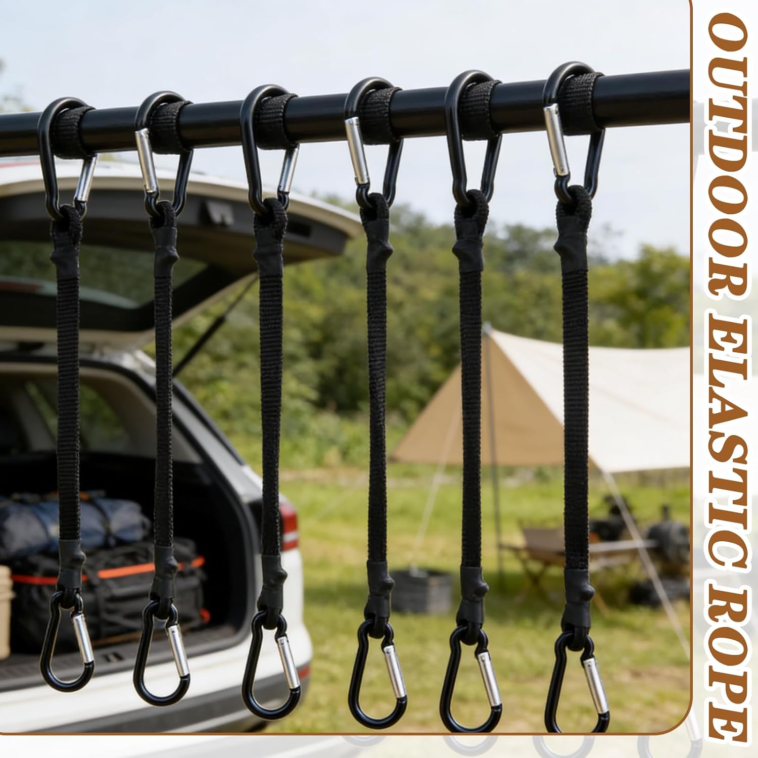 6PCS Black Bungee Cords with Carabiner Clips, Short Bungee Cords with Hooks, Durable Bungee Cord, Bungee Straps for Outdoor Gear Securing Vehicle Organization Gardening Support