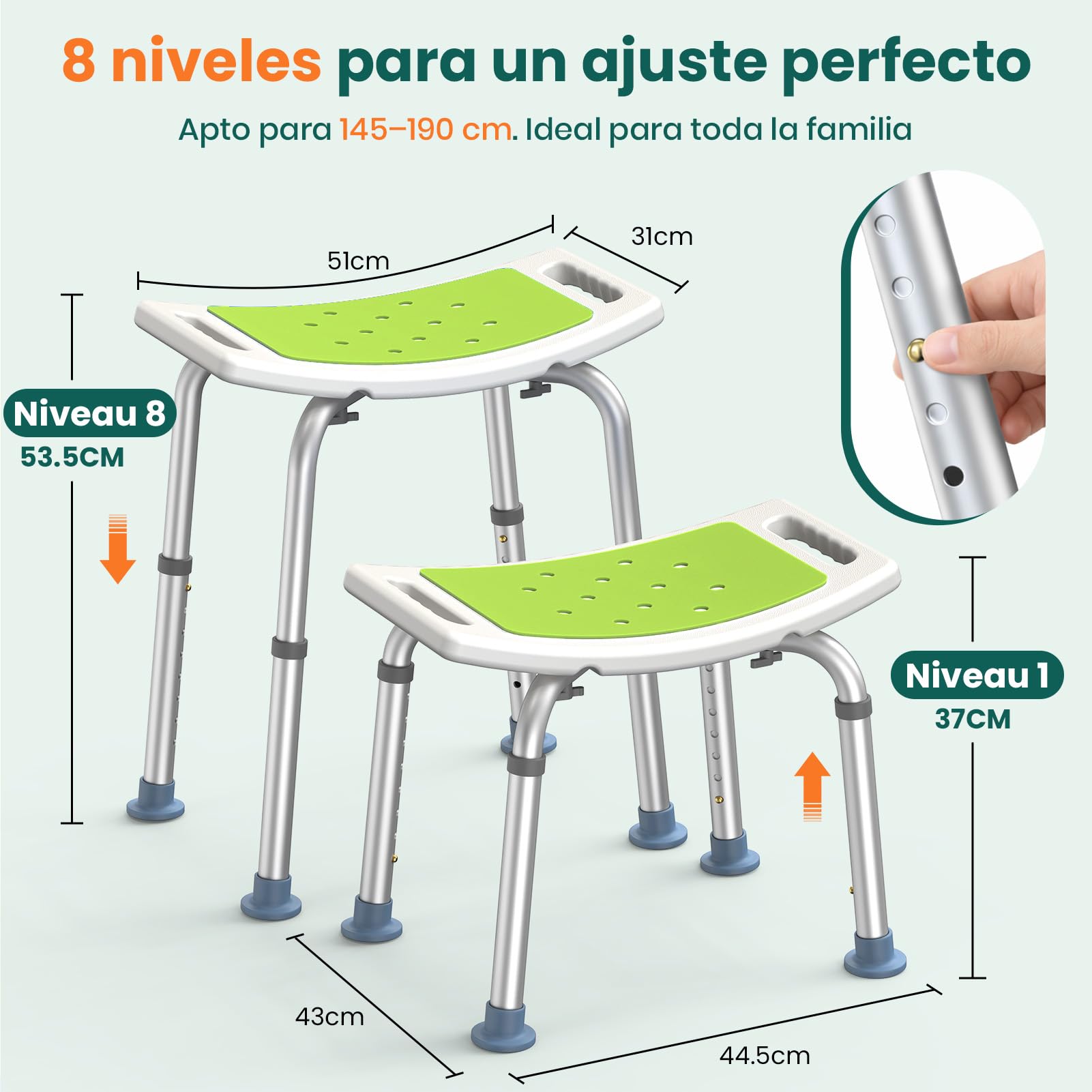 LC02 Taburete Ducha para Ancianos, Silla de Ducha Antideslizante Ajustable en Altura hasta 158 kg, Taburete Ligero con Aberturas de Agarre, para Discapacitados y Embarazadas