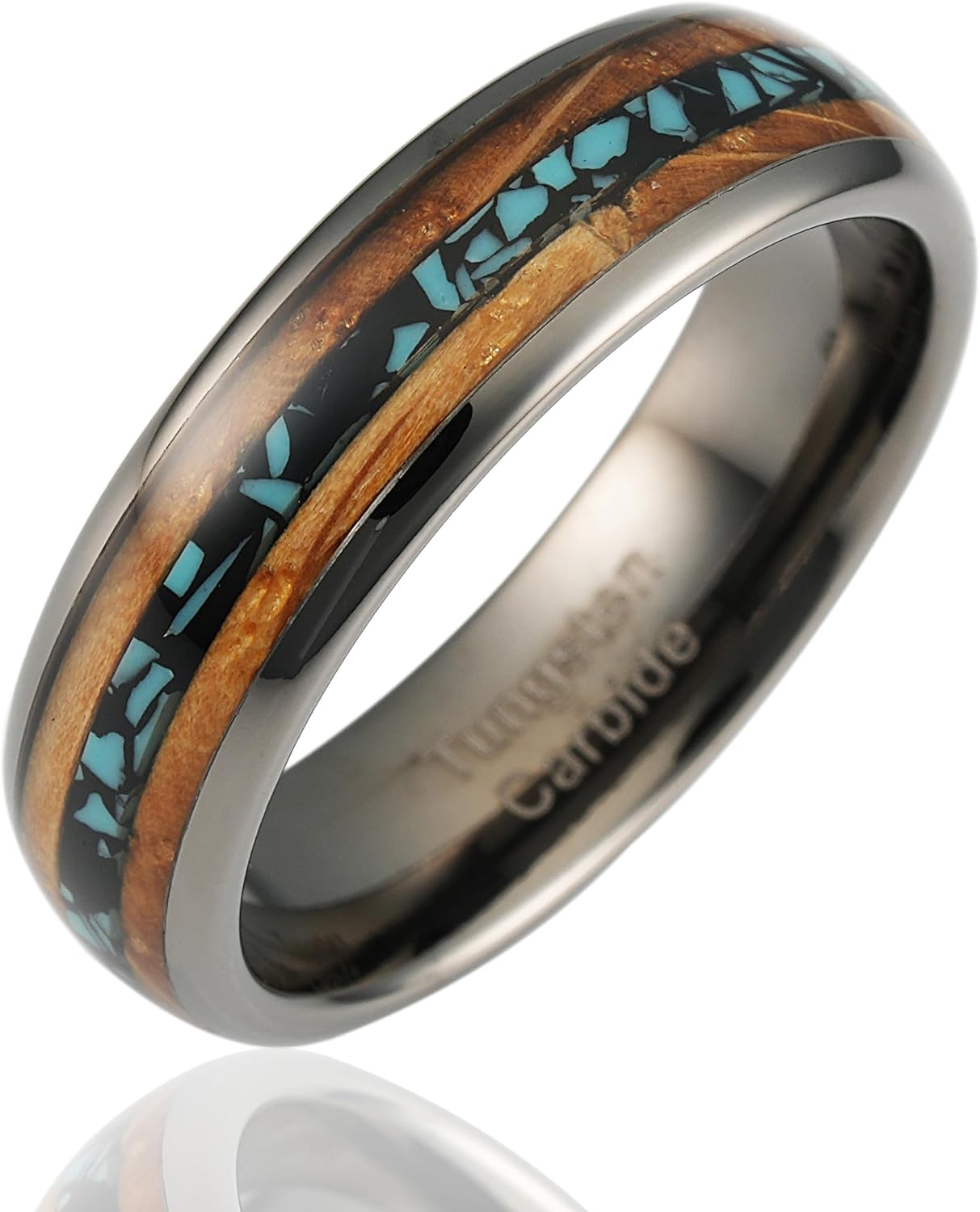 100S JEWELRY 6mm Gunmetal Tungsten Rings for Men & Women: Unique Turquoise & Whiskey Barrel Inlay - Durable Wedding, Engagement, Promise Band - Available in Sizes 6-13