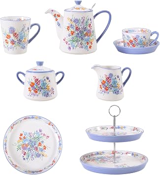 London Pottery Porcelain Afternoon Tea Sets, Cups & Saucer, with Teapot Sugar Pot Milk Jug, Dessert Stand for Wedding, Party Viscri Meadow Afternoon Tea Set -7-pieces