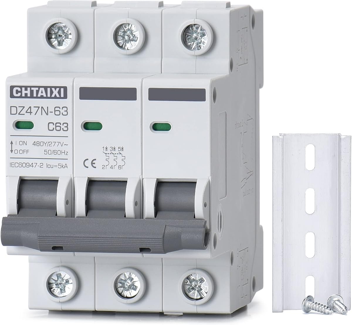 AC Miniature Circuit Breaker, 3 Pole 480V 63 Amp | DIN Rail Mount AC Disconnect Switch, Thermal Magnetic Trip MCB C63