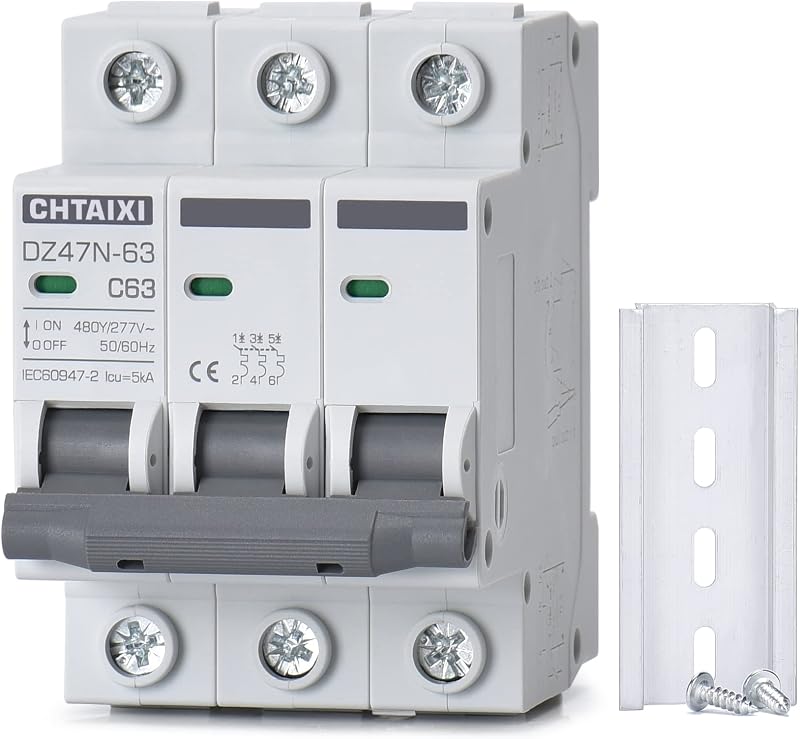 AC Miniature Circuit Breaker, 3 Pole 480V 63 Amp | DIN Rail Mount AC Disconnect Switch, Thermal Magnetic Trip MCB C63