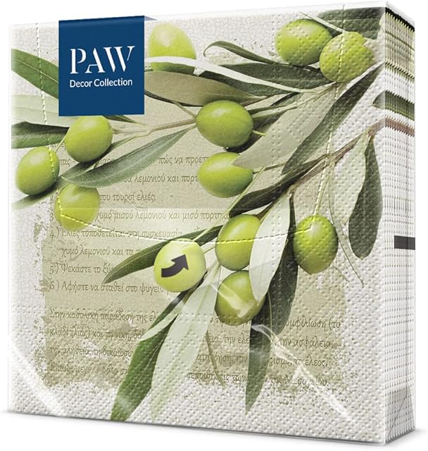 PAW Pack of 20 Napkins/Serviettes - Greek Olives - 33cm x 33cm - 3ply