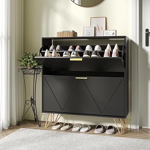 Vista 46 de JOZZBY Zapatero de almacenamiento para entrada, organizador de zapatos delgado y estrecho independiente con 2 cajones abatibles, zapatero de madera