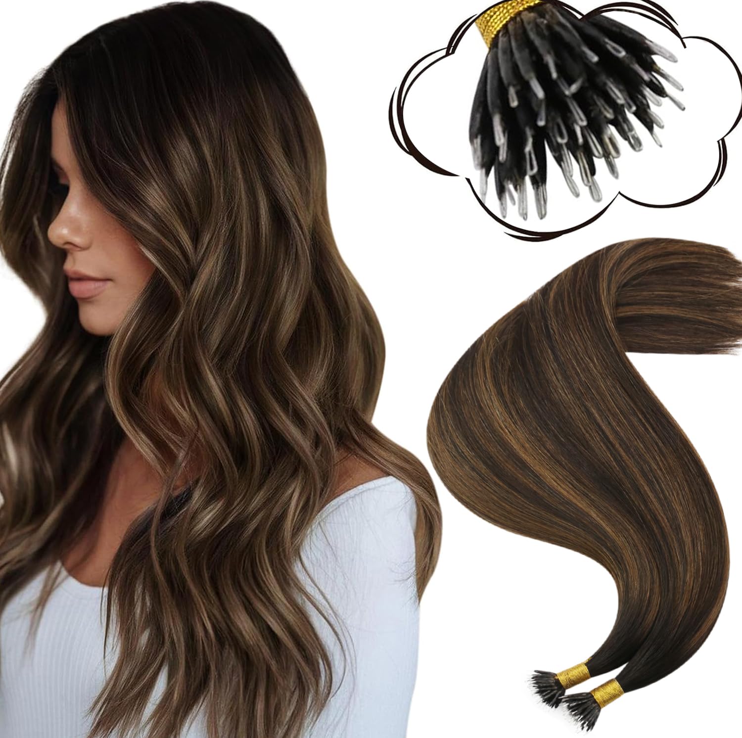 Moresoo Nano Hair Extension Remy Hair 18 Inch 1g/s Balayage Dark Brown and Medium Brown Nano Beads Human Hair Extensions Natural Reflection 50 Strands #2/6/2