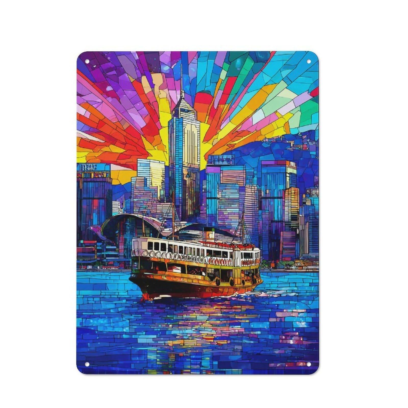 Junmoney Stained Glass Cityscape With Ferry Rustic Metal Plaque 40X30cm For Hobby Room Or Studio, For Creative Interior Collectors
