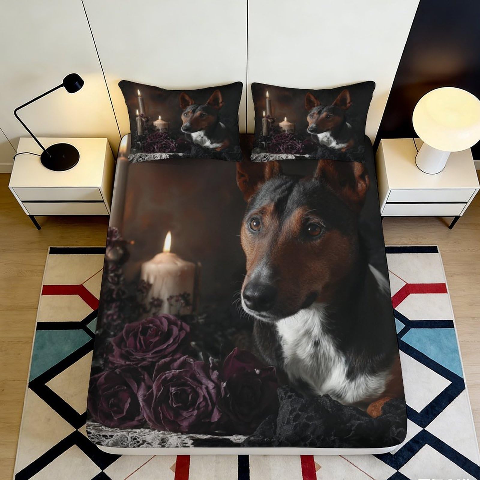 3D Printed Dog with Candle Fitted Sheet Microfiber Deep Pocket Non-Slip Dog Mattress Fitted Cover for Bedroom Teens Adults 90x200x25cm