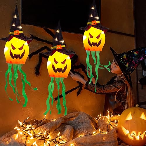 Miniatura 6 de Decoraciones de Halloween para exteriores, luces colgantes para decoración de Halloween, sombrero de bruja de calabaza brillante, decoración naranja