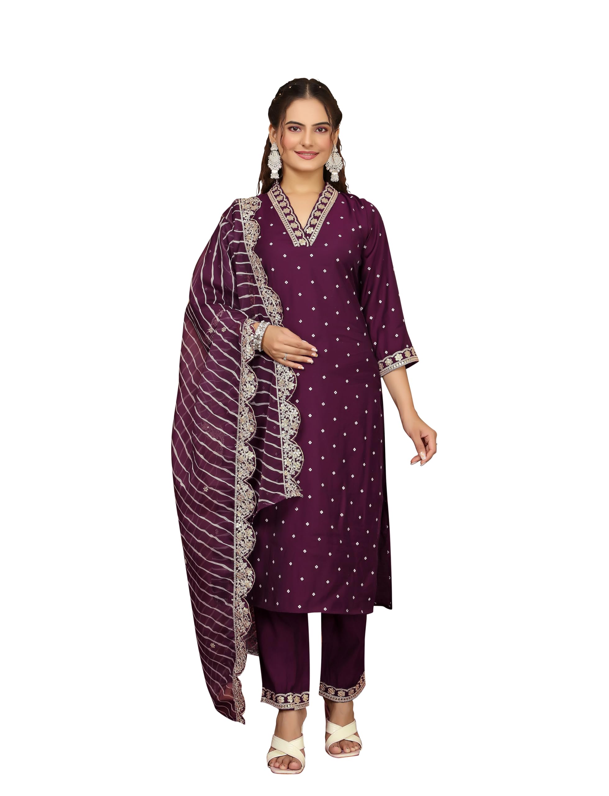 Lookmark Women's Silk Blend Table Print Kurta Pant Set With Mal Cotton Digital Print Dupatta And Embroidery Work Suitable For Every Indian Occasion (Az-Lm-Og-Ks2178 Purple-Xl)