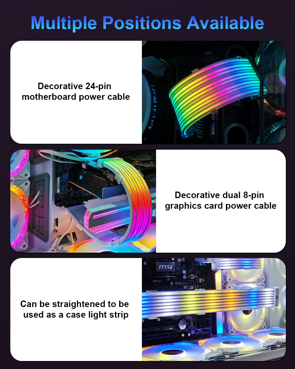 ARGB PSU Cable Cover Kit, Aurora RGB Power Extension Cable Cover Kit for Motherboard and GPU PC Cable, 5V 3-Pin ARGB Motherboard ATX/MATX/ITX, Suitable for 12+4-Pin/8-Pin/24-Pin Aurora-CO-BL