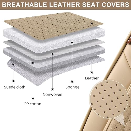 Miniatura 8 de TIEHESYT Juego completo de fundas de asiento de automóvil beige, fundas de asiento delantero y trasero de cuero transpirable, funda de asiento de