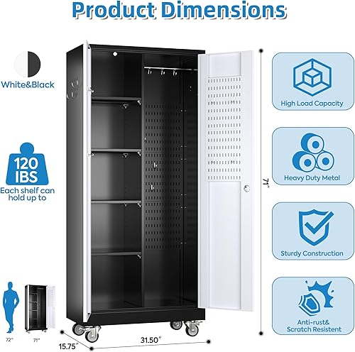 Miniatura 3 de GangMei Armario de almacenamiento con ruedas de metal con barra para colgar armario de acero grande con estantes ajustables y puertas de bloqueo