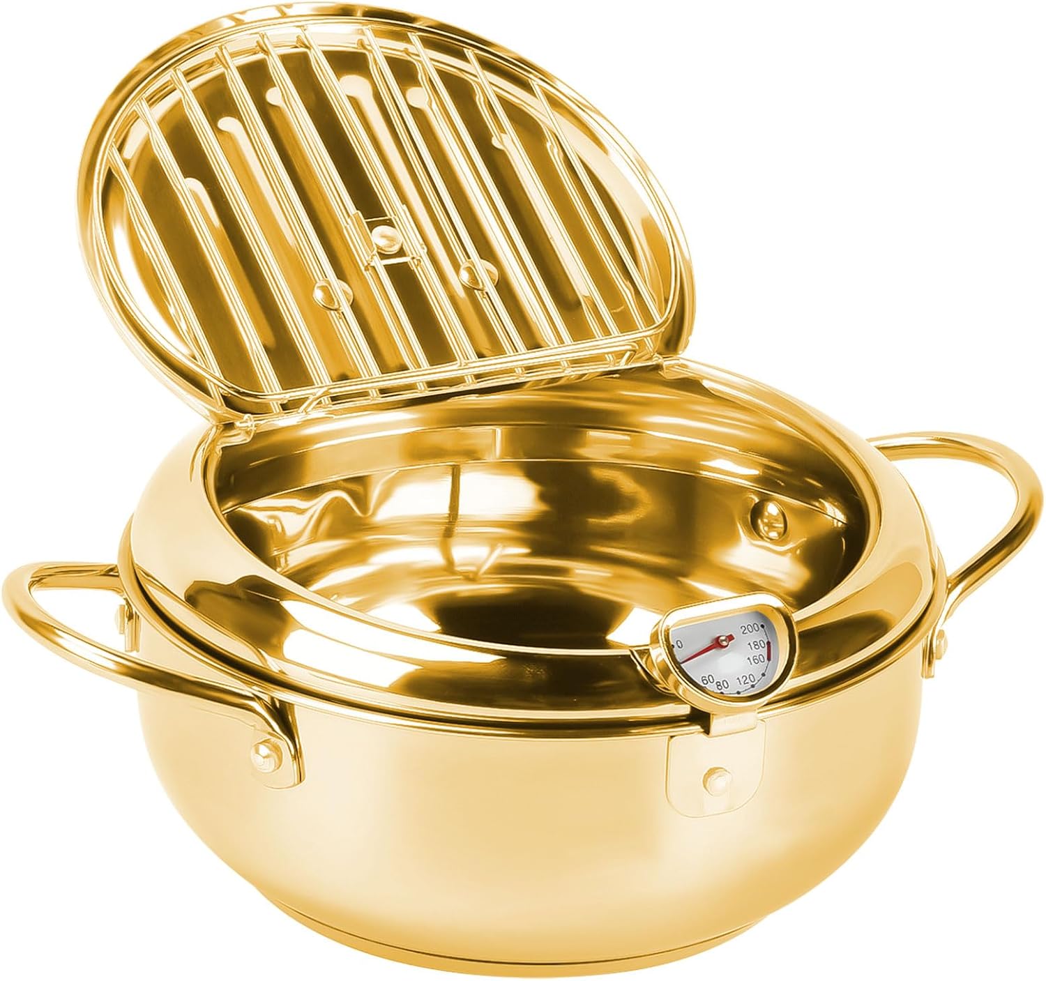 Deep Fryer Pot, 304 Stainless Steel Japanese Frying Pot with Thermometer & Oil Drain, Removable Oil Drain Rack, Multi-function Cooking Pot for Outdoor Family Gatherings, Camping (24cm/9.4inch)