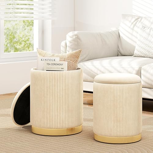 Giantex Otomana con almacenamiento, juego de 2 otomanas de almacenamiento, 1 mesa auxiliar otomana grande y 1 pequeña, taburete redondo tapizado de