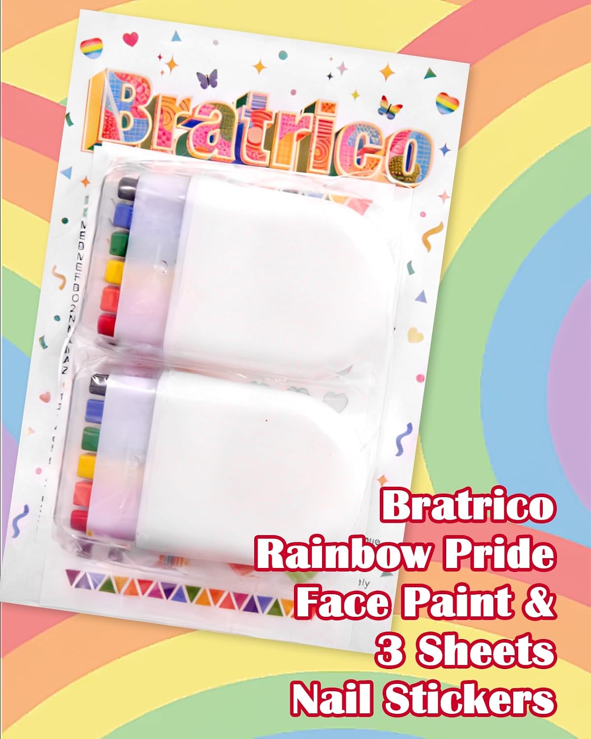 2 Pack Rainbow Pride Face Paint Sticks with 3 Sheets Gay Pride Nail Stickers, Pride Accessories Makeup Kit for LGBT Pride Parade, Pride Month Party, Festival, Maquillaje Pride