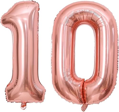 Lovoir Globo de oro rosa de 40 pulgadas con número de 10 dígitos gigantes de papel de aluminio de Mylar para helio de 10 cumpleaños, decoración de