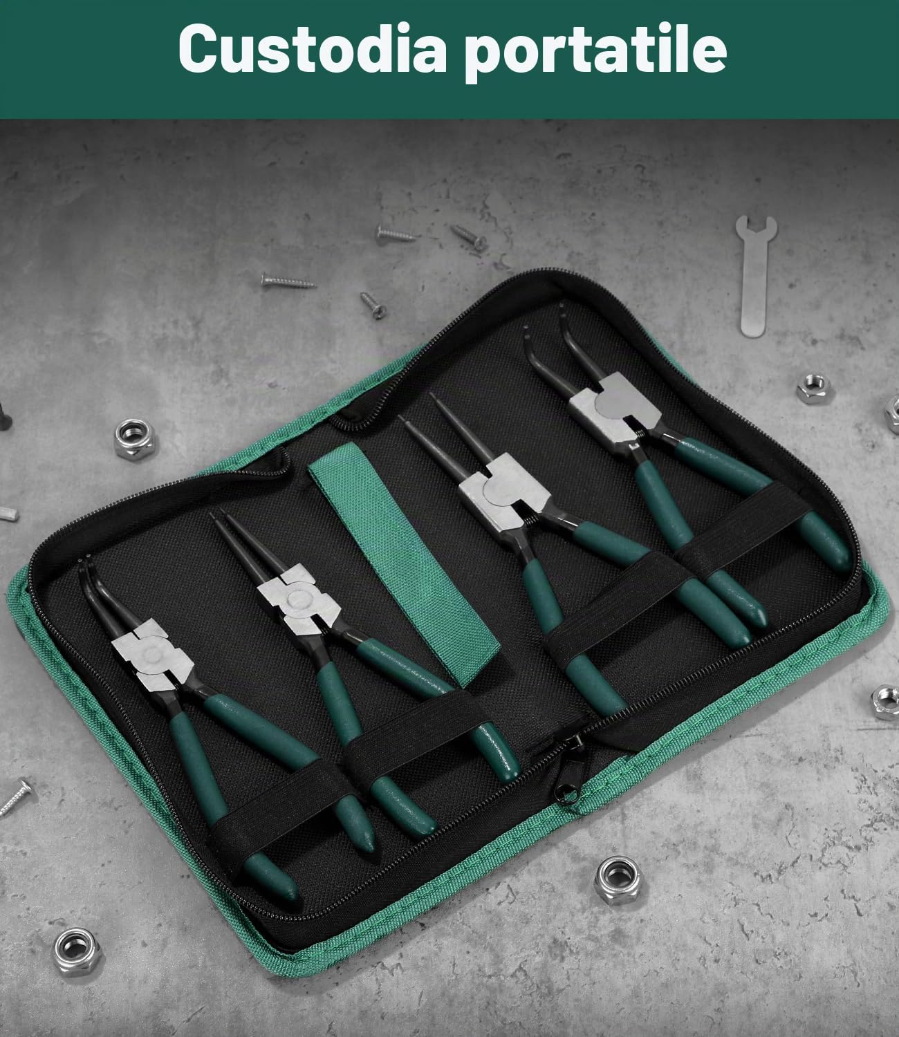 LEAZZLE 4 Pezzi 180mm Pinza per Seeger con Borsa Portatile, Set Pinze Officina per Anelli di Sicurezza con Molle Resistenti, Maniglie Antiscivolo, Resistente Alla Flessione e a Risparmio di Manodopera