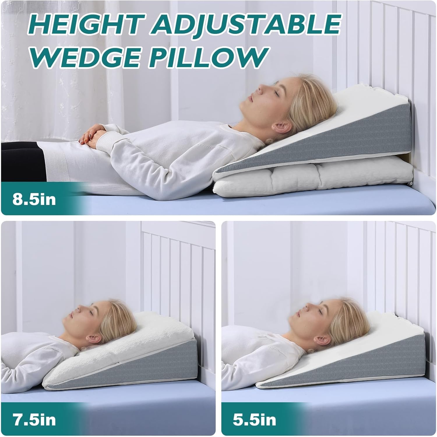 TANYOO Bed Wedge Pillow for Sleep Apnea 7.5Inch Gerd Pillow Patent Dual Layer Triangle Pillow Adjustable Shredded Memory Foam Topper Soft Support Ideal for Acid Reflux, After Surgery, Snoring