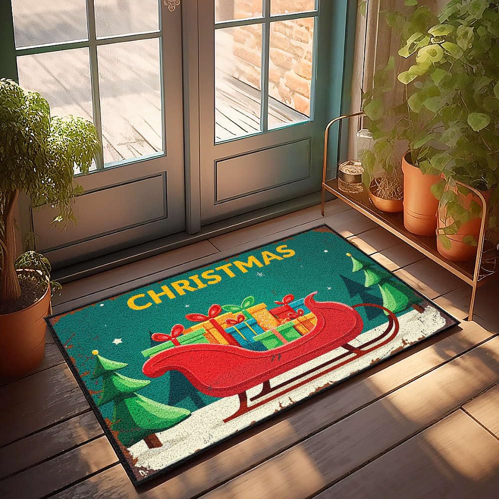 Paillasson Noël traîneau cadeaux 65x90 cm tapis entrée imperméable