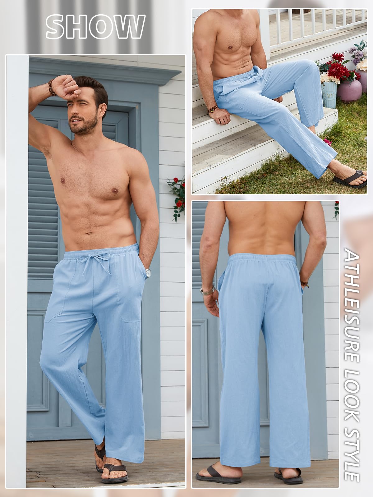 Pantalón Lino Hombre Verano de Mezcla Algodón y Lino Ligero Transpirable con Cintura Elástica Cordon y Bolsillos Pantalones de Lino Hombre Corte Largo