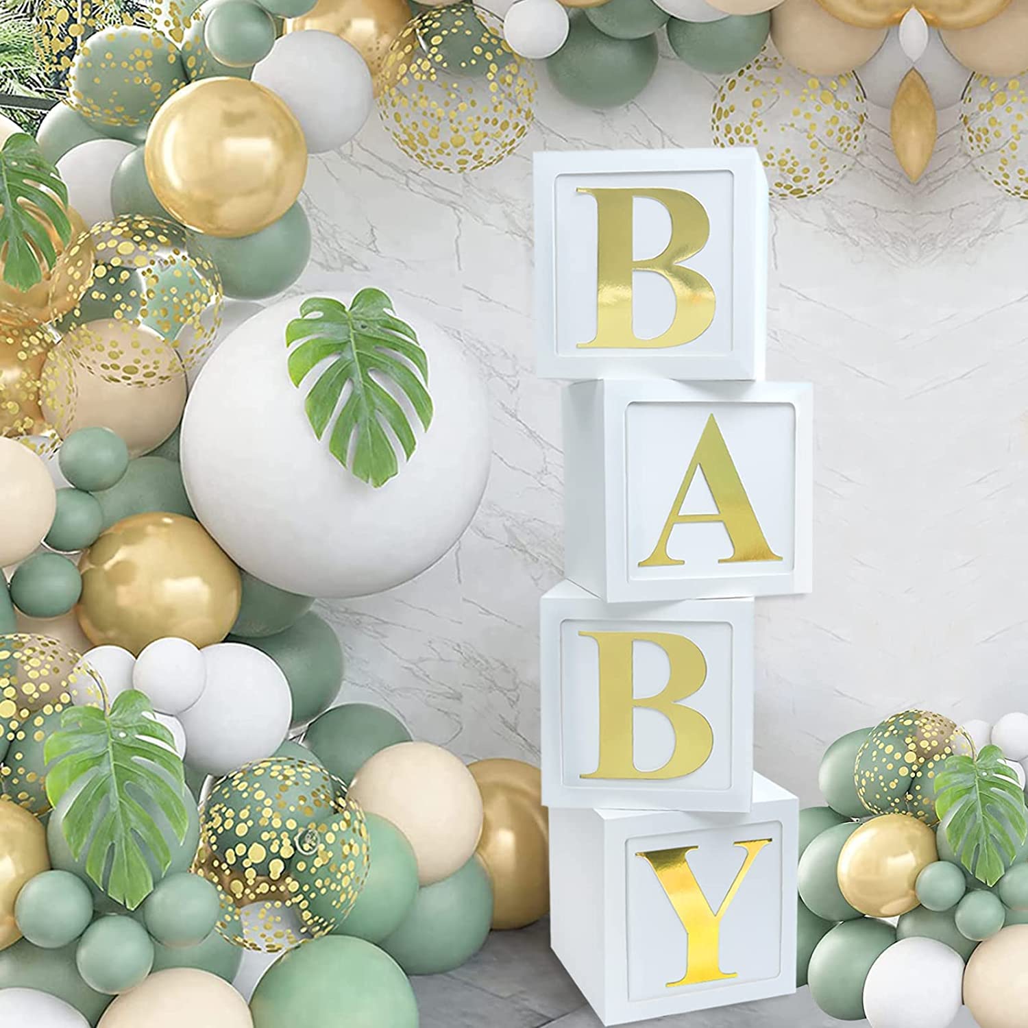 Cajas Decorativas Baby Shower Para Niños o Niñas, 4 Cajas Blancas para Baby con 30 Letras Para Baby Shower, Decoración Cumpleaños, Bautizo, Decoración de Fondo