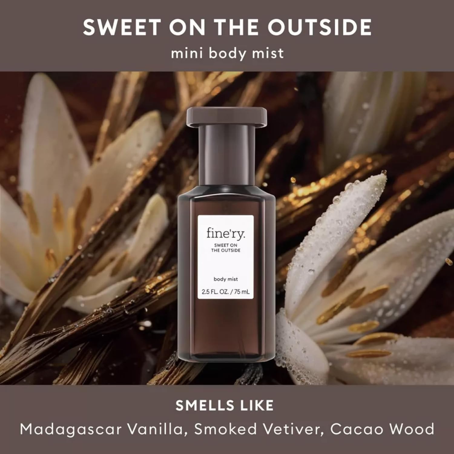 Fine'ry Vanilla Gourmand Mini Hair + Body Fragrance Mist Spray for Women & Girls, Teens - Sweet on the Outside - Vanilla, Cacao Wood & Smoked Vetiver, Long-Lasting, Body Spray for Girls (2.5 Fl Oz) - Image 2