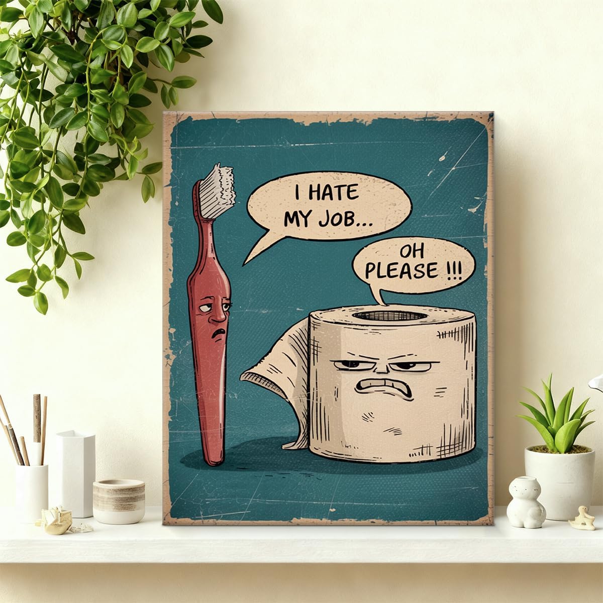 YJIKRTVT Funny Bathroom Wall Art, Humorous Toothbrush and Toilet Paper Cartoon Canvas Print, I Hate My Job Comic Artwork, Funny Toilet Restroom Home Decor 8x10 Inches image 5