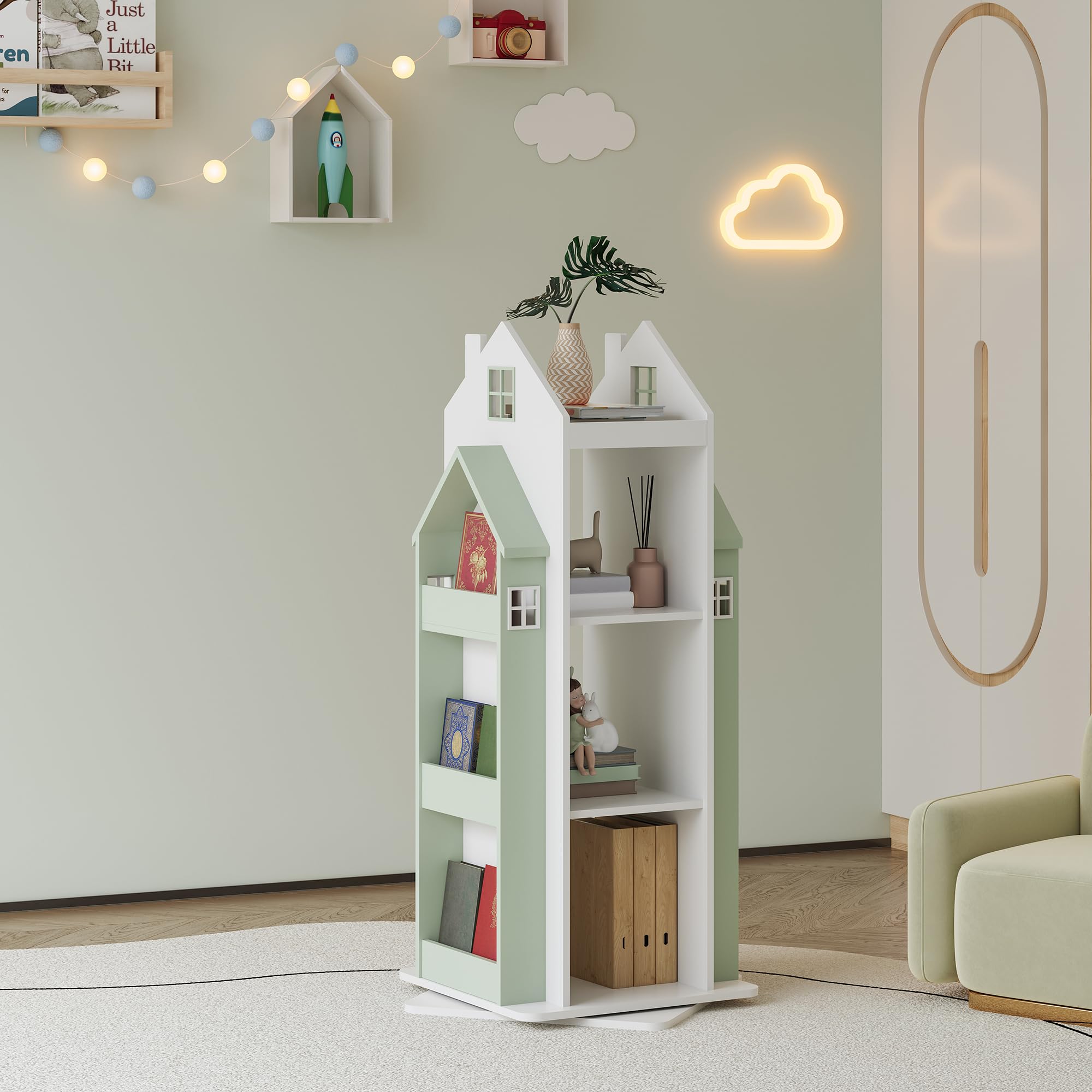 [en.casa] Étagère Pivotante pour Enfants en Forme de Maison avec Compartiments Ouverts Meuble de Rangement Décoratif Organisateur de Livres et Jouets Esthétique MDF 108 x 40 x 40 cm Vert Menthe Blanc