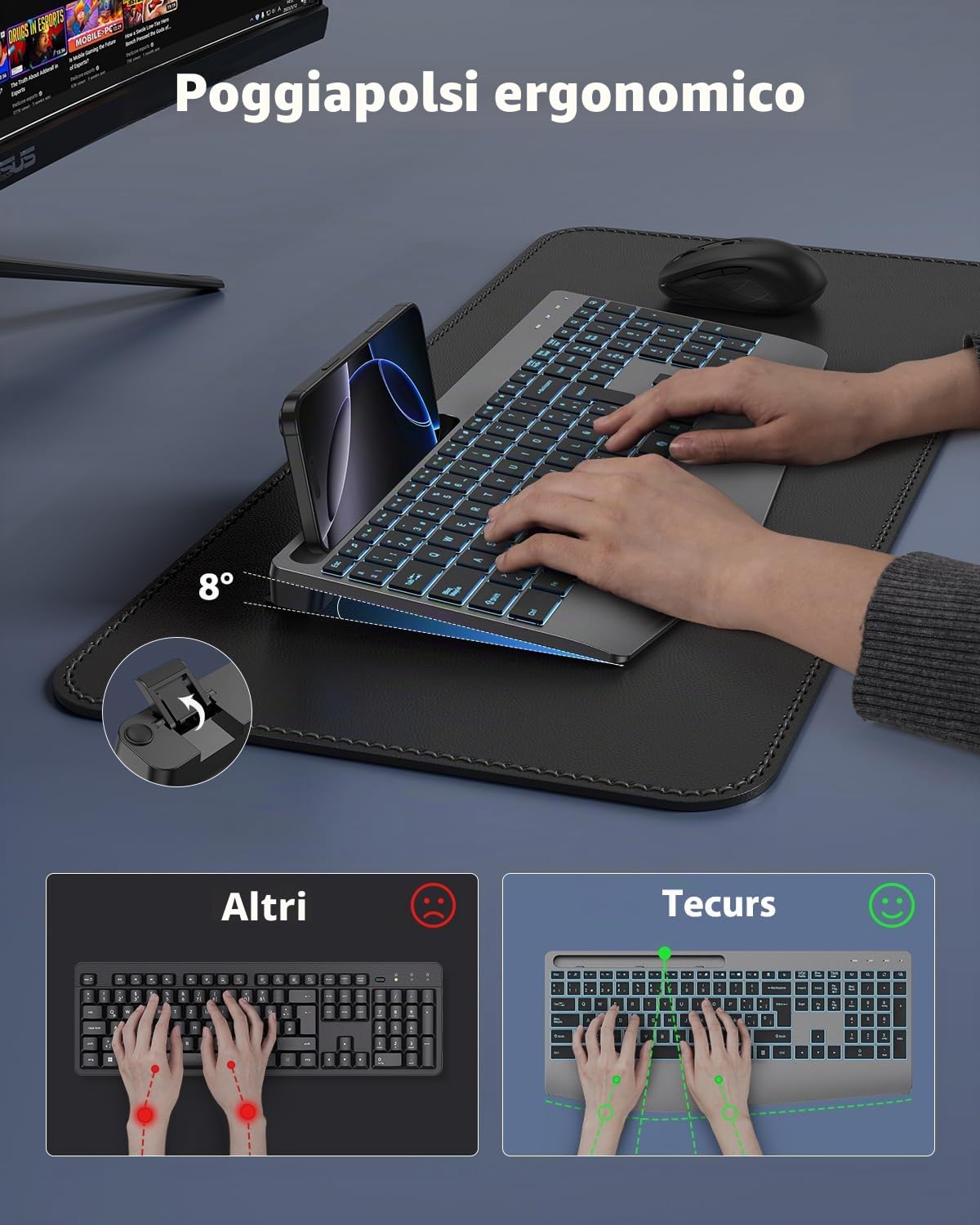 TECURS Tastiera senza fili 2,4 GHz layout QWERTY spagnolo con poggiapolsi, nero (grigio)