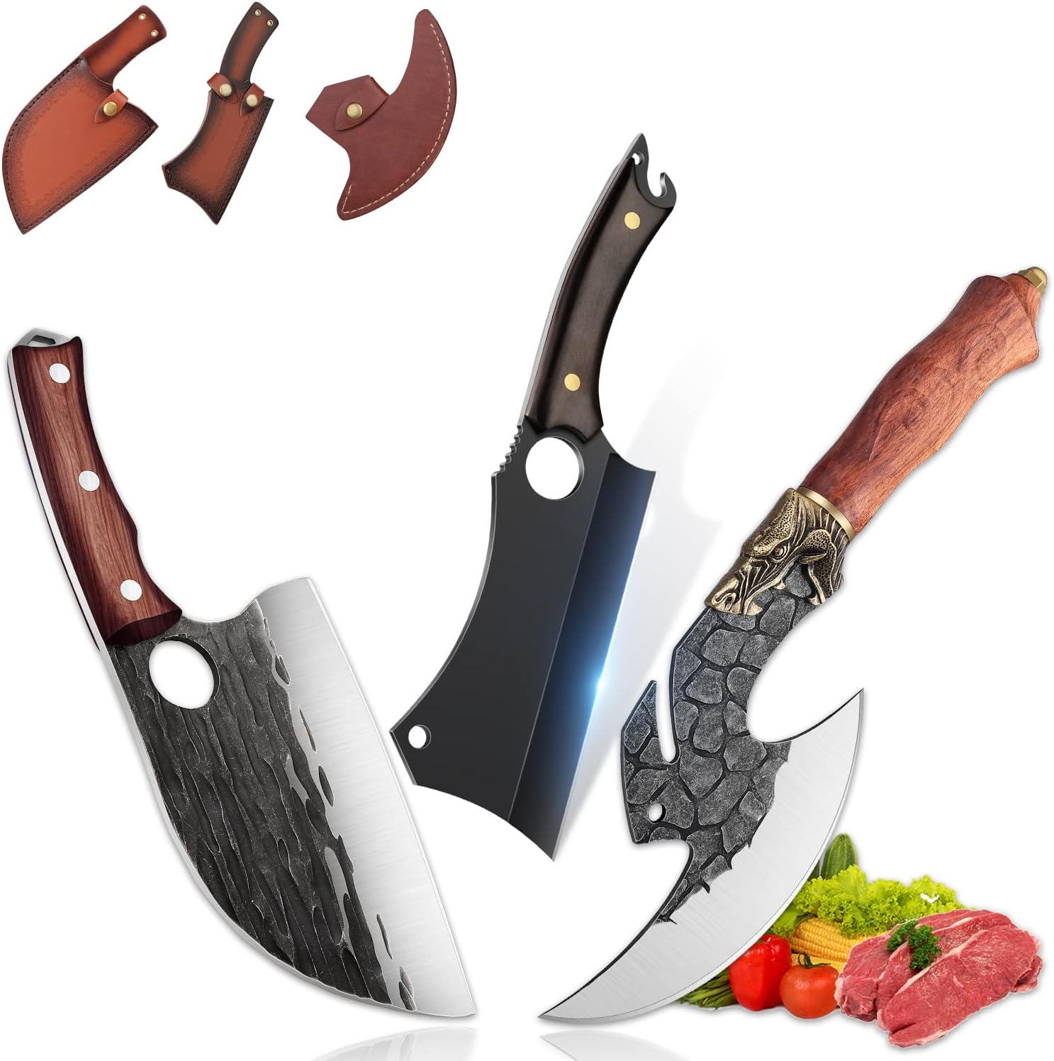 Dragon Viking Cleaver Serbian Chef Knife Meat Cleaver Set Hand Forged Boning Knives High Carbon Steel Serbian Knife Butcher Knife with Sheath Outdoor Camping BBQ Collection Christmas Gift Men
