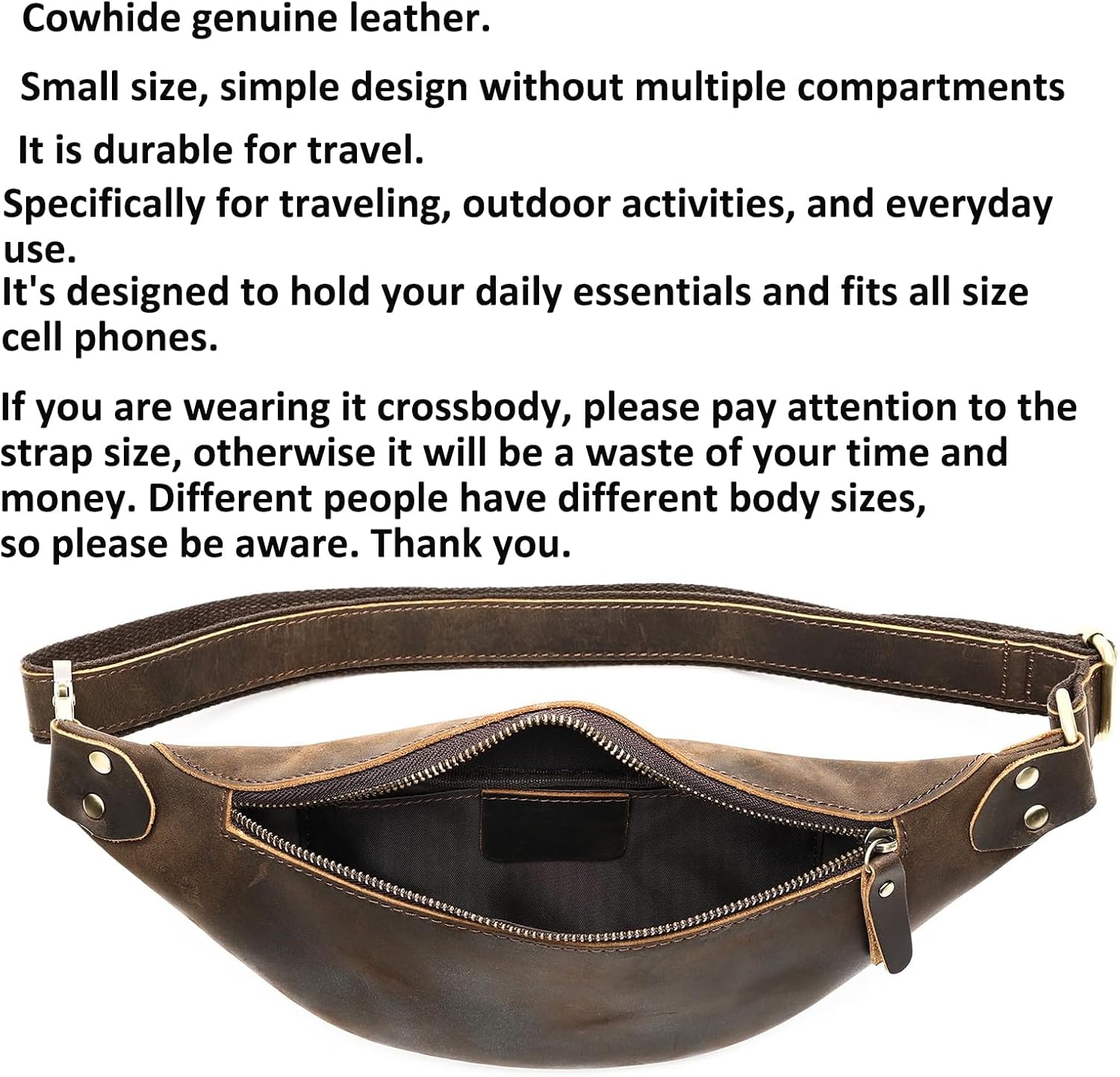 Vintage Genuine Leather Fanny Pack Small Waist Bag Travel Sling Pouch with Adjustable Leather Belt Coffee - Image 3