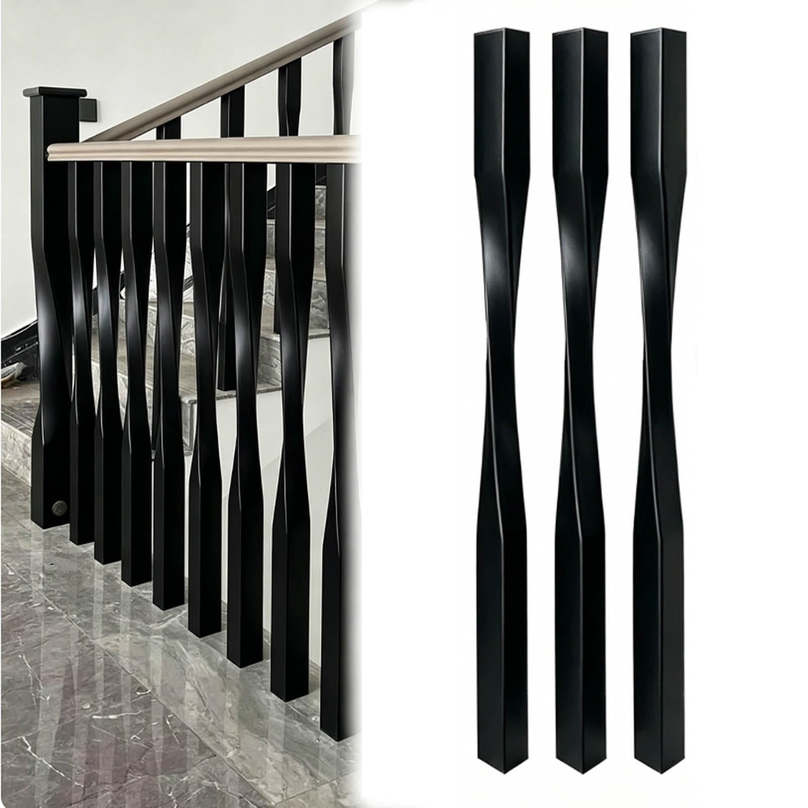 JFBLSD Solid Wood Stair Balusters, Indoor Stair Railing Spindles 37 Inch, Contemporary Staircase Spindles Bundles Handrail Parts, Twist Pole Square Column Post/Handrails(Black,3Pcs)