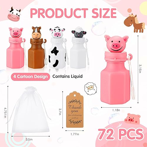 Miniatura 2 de RoundFunny Paquete de 72 burbujas de animales de granja con bolsas y tarjetas de agradecimiento, suministros para fiesta de cumpleaños, incluye