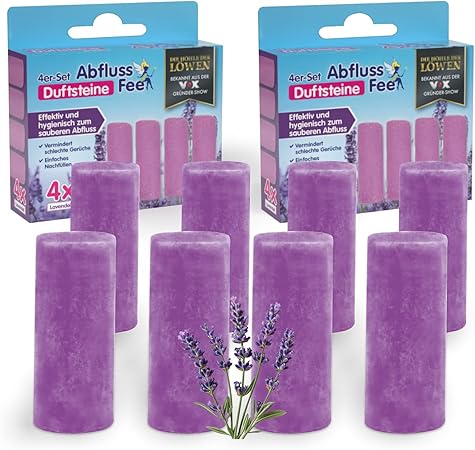 ABFLUSS-FEE 8er Nachfüll-Set Lavendel Waschbeckenstöpsel | Reinigungssteine für Abflüsse jeder Art, Frische Duft Lavendel | Schneller und einfacher Austausch