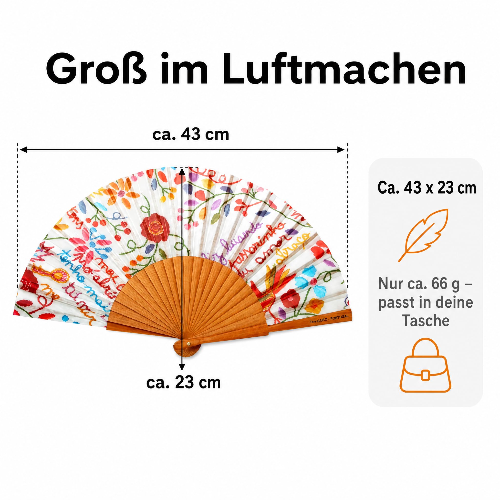 LK Trend & Style Handfächer aus poliertem Birnbaumholz, faltbarer Klappfächer für unterwegs, leises Wedeln, ca. 43 x 23 cm, 24 Streben, ca. 66 g, bunte Motivdrucke für Hochzeit, Büro, Festival