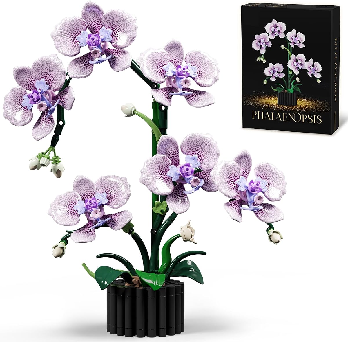Botanicals Phalaenopsis Orchid Building Kit for Adults | 619 pieces, printed petals, faux orchid, compatible with LEGO bricks, desk decor, gift for Mother's Day, birthday, Christmas