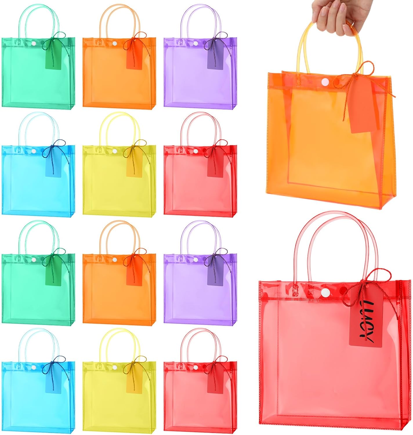 Jaloro 24 Pcs Valentine's Day Gift Bags Bulk with Handles Reusable PVC Multicolor Rainbow Clear Plastic Gift Bags with Tags String for Wedding Baby Shower Birthday Party Favor, 7.9"x7.9"x3.1"